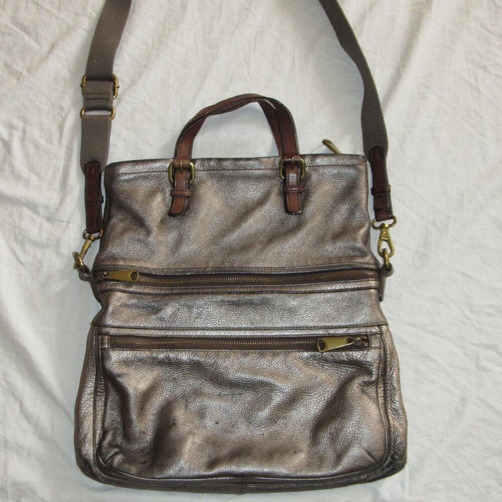 Vintage Fossil Explorer Leather Tote Pewter Foldover Messenger Bag Distressed